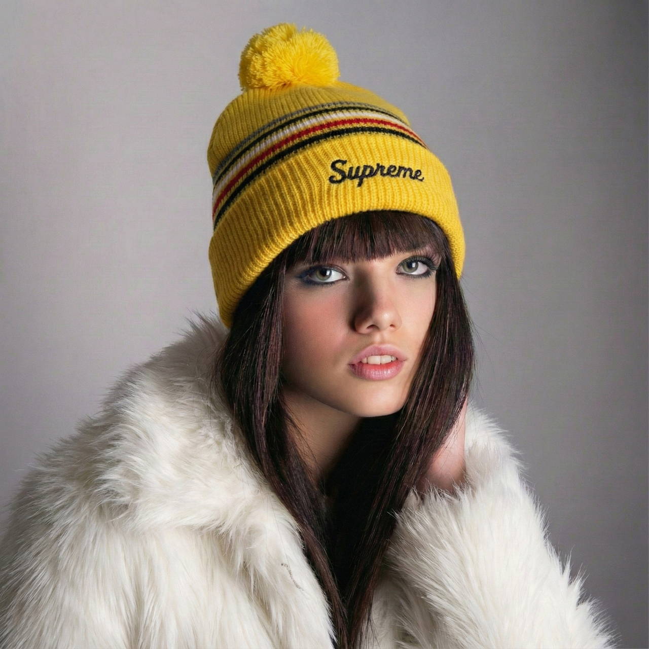 Шапка Supreme Loose Gauge Stripe жёлтая с помпоном