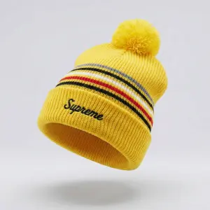Шапка Supreme Loose Gauge Stripe жёлтая с помпоном